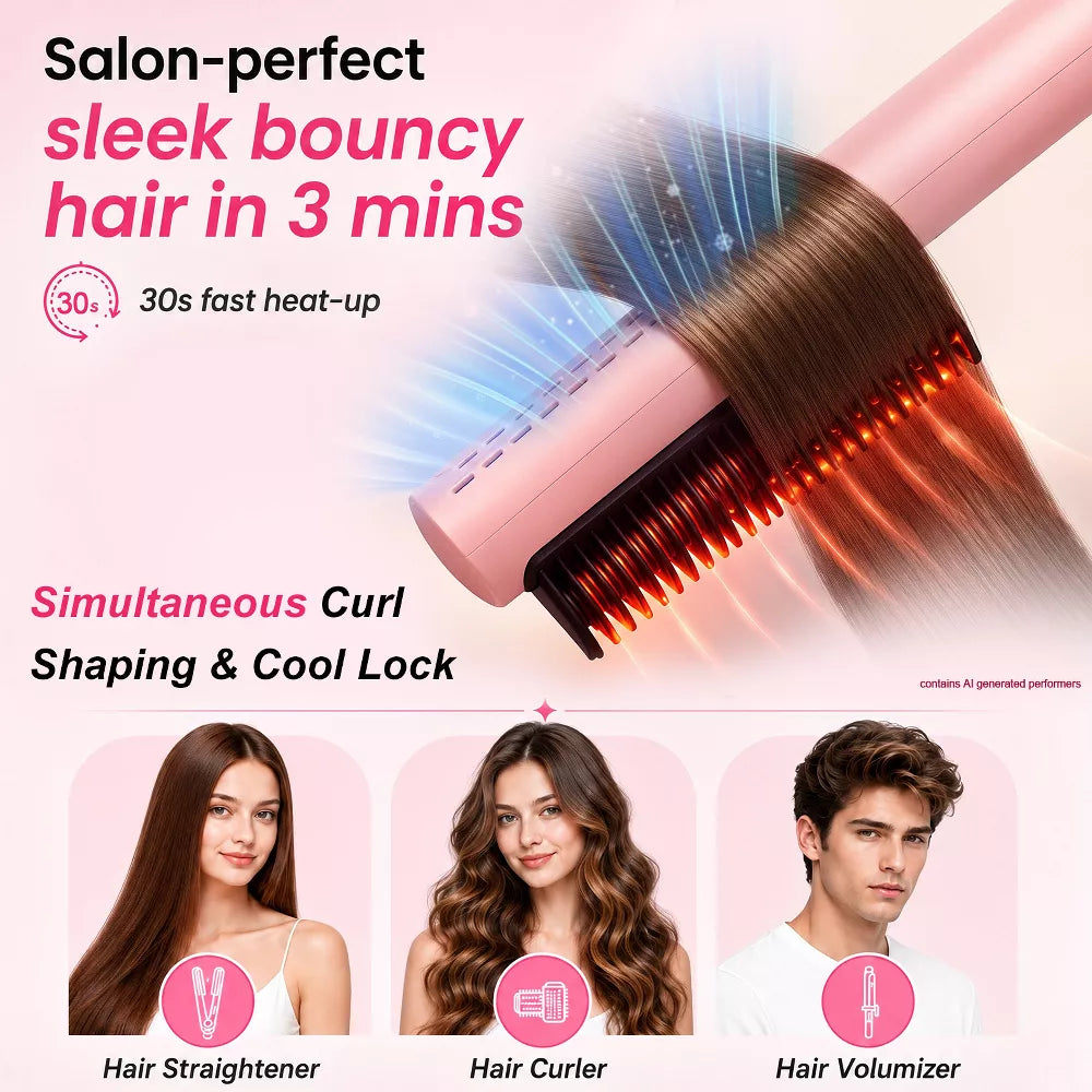 Cold Air Straightening Brush,Curved Straightening Brush,Moisturizing Hair Care,5-level Temperature Control,Straight Hair and Voluminous Roots(Pink)
