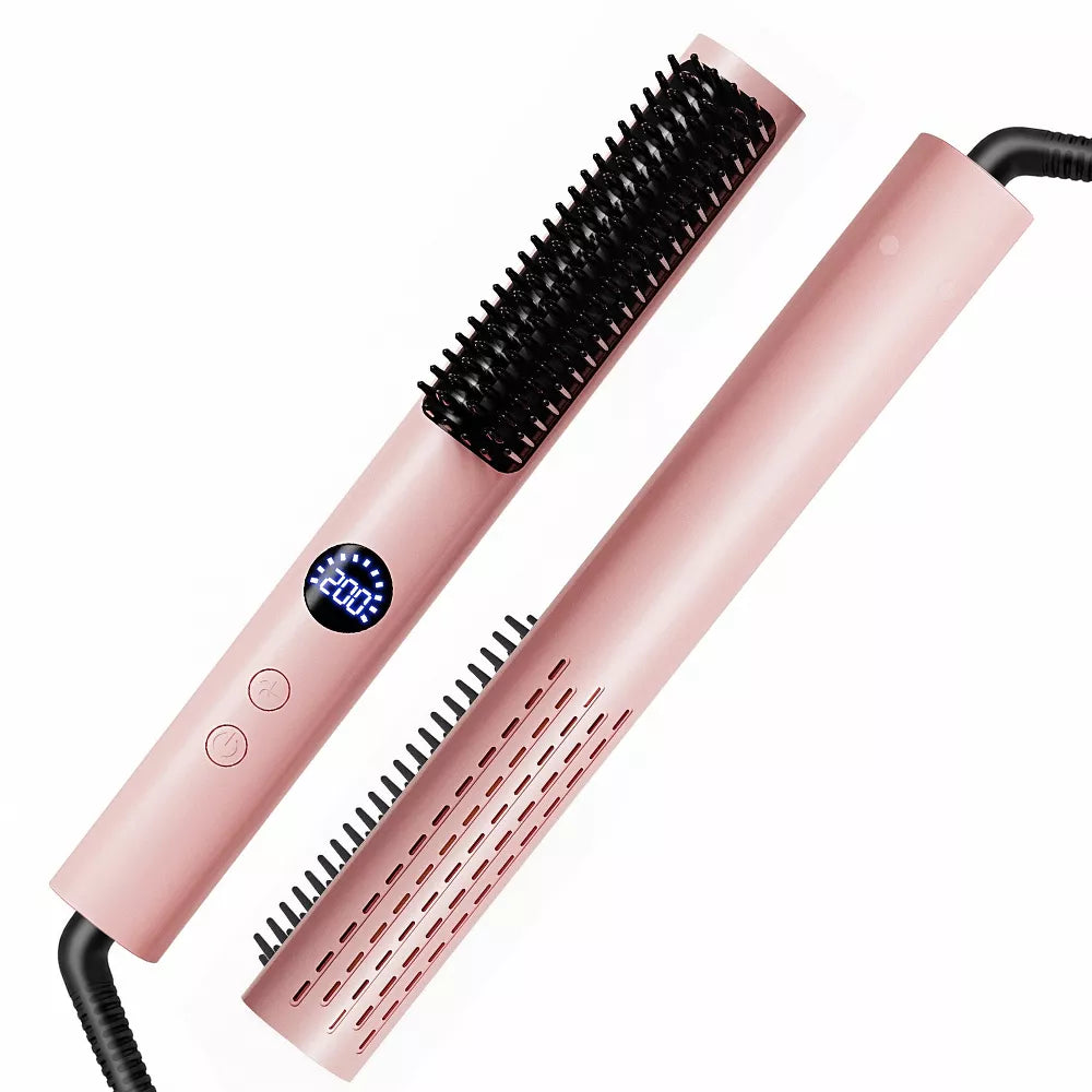 Cold Air Straightening Brush,Curved Straightening Brush,Moisturizing Hair Care,5-level Temperature Control,Straight Hair and Voluminous Roots(Pink)