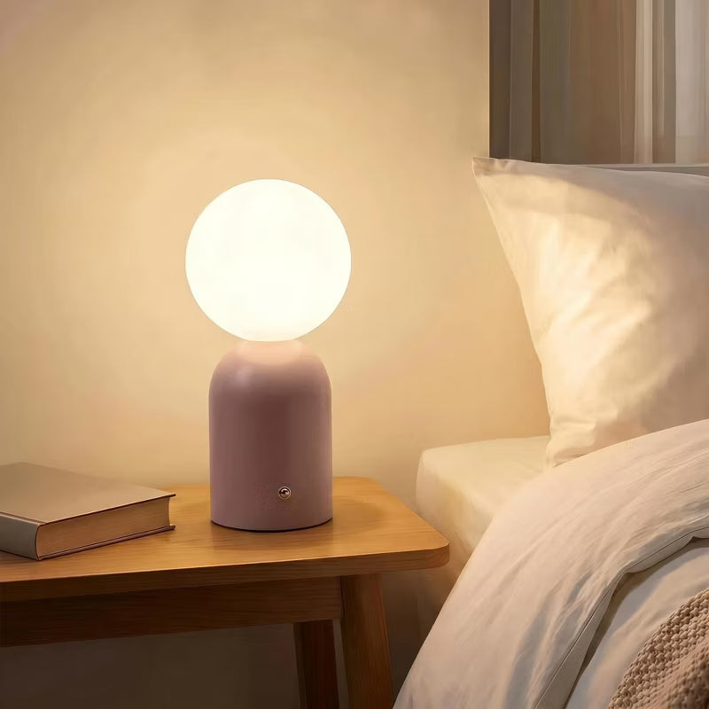 Opal White Glass Pink Metal Rechargeable Table Lamp, Cordless Blush Bedside Light, Romantic LED Vanity Lamp for Dorm Bedroom Girls Room