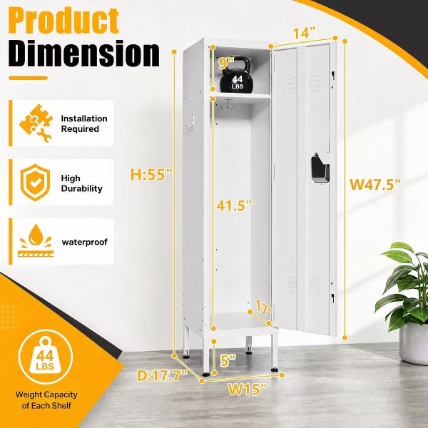 VIYET 55" White Metal Wardrobe Cabinet, Narrow Steel Clothing Storage with Lock & Ventilated Door, Side Hooks, Freestanding Closet