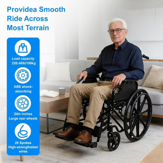 Black Lightweight Foldable Transport Wheelchair for Seniors, 16 Inch Portable Seat with Removable Armrests, Swing-Away Footrests & Locking Handbrakes