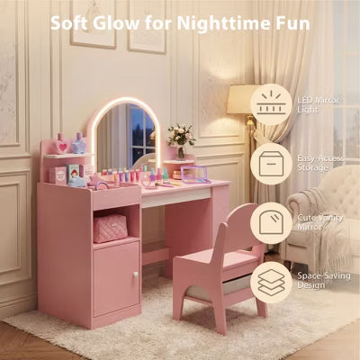 Kinder King Kids Vanity Set with LED Lighted Mirror, Pink Makeup Table and Chair with Cabinet, Shelves and Organizer