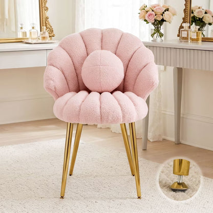 Karl Home Teddy Plush Seashell Vanity Chair with Pillow, Upholstered Makeup Accent Chair with Gold Metal Legs for Bedroom