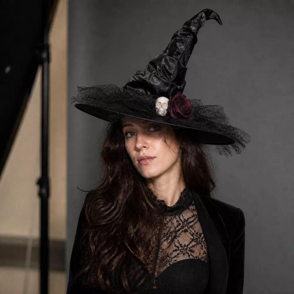 Women’s Gothic Witch Hat with Skull and Burgundy Rose – Black Halloween Costume Accessory