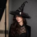 Women’s Gothic Witch Hat with Skull and Burgundy Rose – Black Halloween Costume Accessory