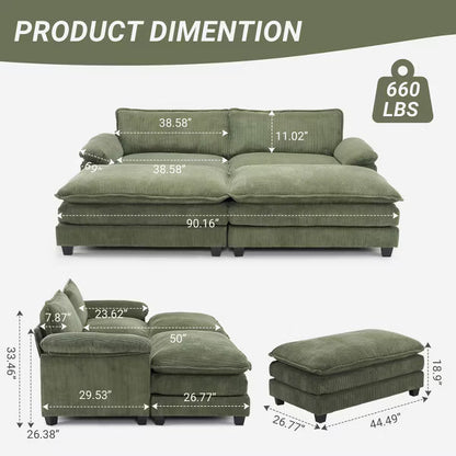Karl Home |90'' W Green Corduroy Modular Cloud Couch Sleeper Sofa