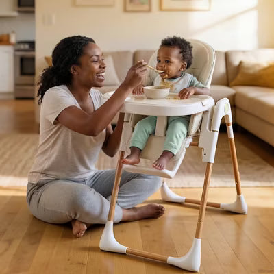 Kinder King Foldable High Chair for Baby, Toddler Feeding Chair with Detachable Double Trays, Beige