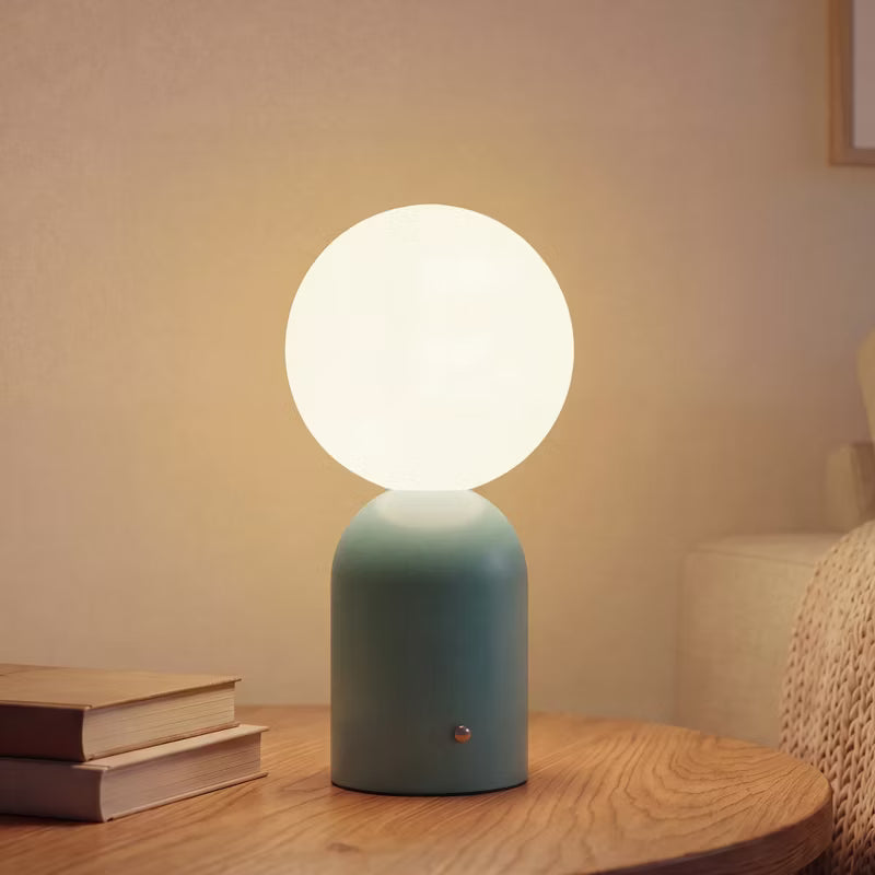 Opal White Glass Shade Blue Metal Base Rechargeable Table Lamp, Nordic Style Cordless Bedside Lamp, Calming Blue LED Light for Living Room Study