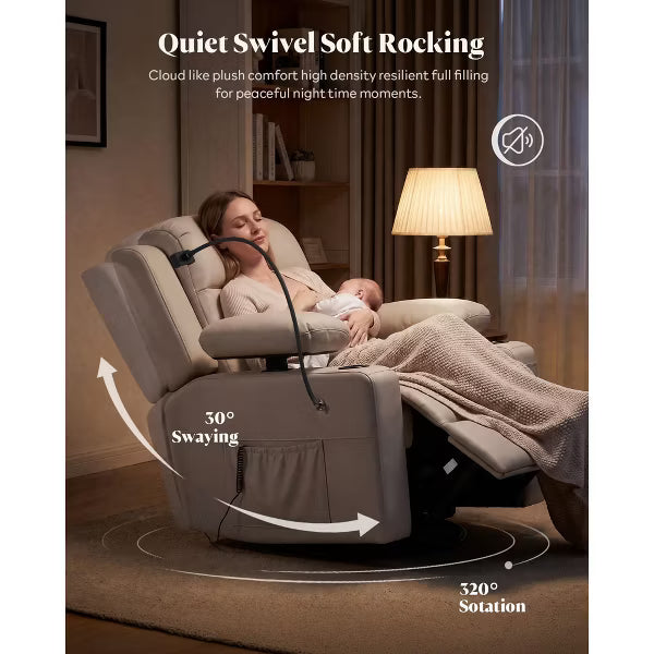 TYBOATLE Swivel Glider Recliner Chair - Biege Faux Leather - Manual Rocker with Adjustable Footrest & Remote Control for Nursing