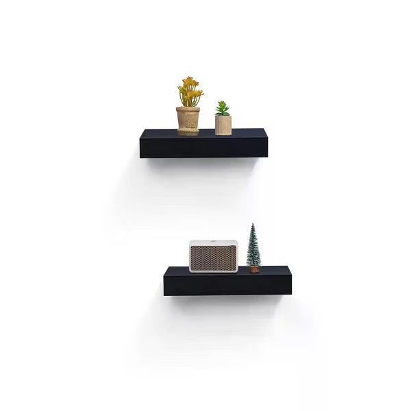 2-Piece Floating Wall Shelves, 14.96" Wood Set for Bedroom, Bathroom, Living Room, Kitchen, Storage for Books, Plants & Decor, Black