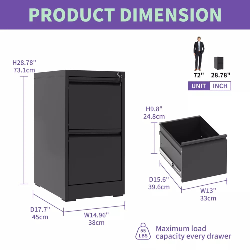 VIYET 28"H 2-Drawer Metal Vertical File Cabinet with Lock, Black Steel Filing Cabinet for Home Office, Fits