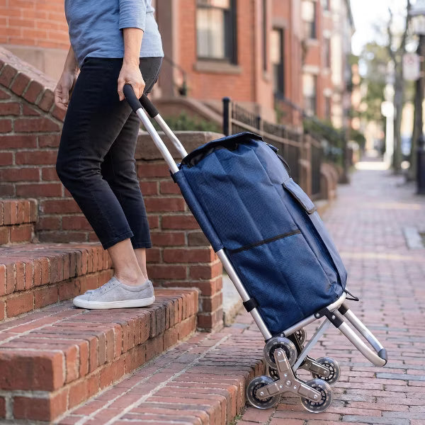 Foldable Stair Climbing Shopping Trolley, Stainless Steel Tri-Spinner Wheels, Removable Waterproof Oxford Bag, Blue