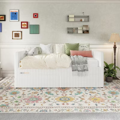 AMERLIFE Twin Daybed with 2 Storage Drawers, Corduroy Upholstered Sofa Bed with Charging Station & Night Light, Cream