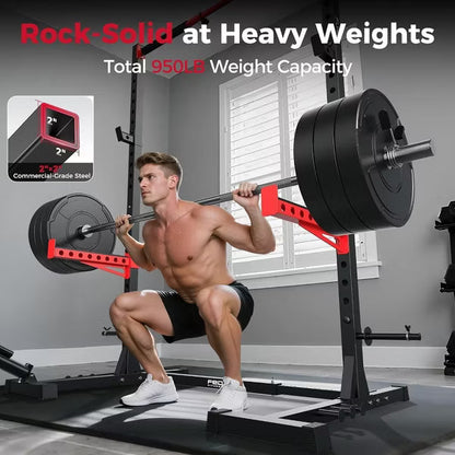FLYBIRD Adjustable Squat Rack for 6FT/7FT Barbells, Power Rack with Pull-Up Bar, 22 Positions, J-Hooks, Safety Arms & Home Gym Weight Set