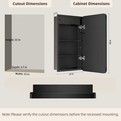 FAMYYT 16x28 inch LED Bathroom Medicine Cabinet with Mirror and Lights, Surface/Recessed Vanity Mirror Organizer, 3-Color Light Adjustment, Black