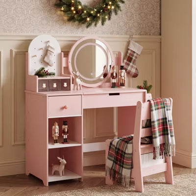 Kinder King Kids Vanity Set with Dimmable LED Mirror, Pink Makeup Table and Chair with Storage Shelves and Organizer