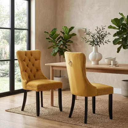 Set of 2 Tufted Velvet Upholstered Accent Chairs with Wood Legs, Modern Dining Chairs, College Dorm Room Decor & First Apartment Furniture