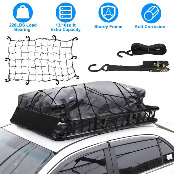 63x39x6.3in Universal Roof Rack Cargo Carrier Car Top Luggage Holder Basket with?Hook Strap Elastic Net