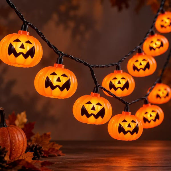 8.5ft Halloween Pumpkin String Lights 10-Count LED Jack-O-Lantern Plug-In Lights for Indoor Outdoor Decor Orange