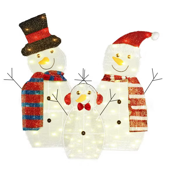 3Pcs 2D Christmas Snowman Yard Decoration Snowman Family Outdoor Decoration With 90Pcs LED Warm Yellow Lights 8 Lighting Modes IP44 Waterproof