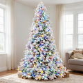 VIVATREES 12ft Prelit Snow Flocked Christmas Tree Artificial 10 Lighting Modes with Red Berrie Metal Stand Dual Colors Xmas Pine Needles