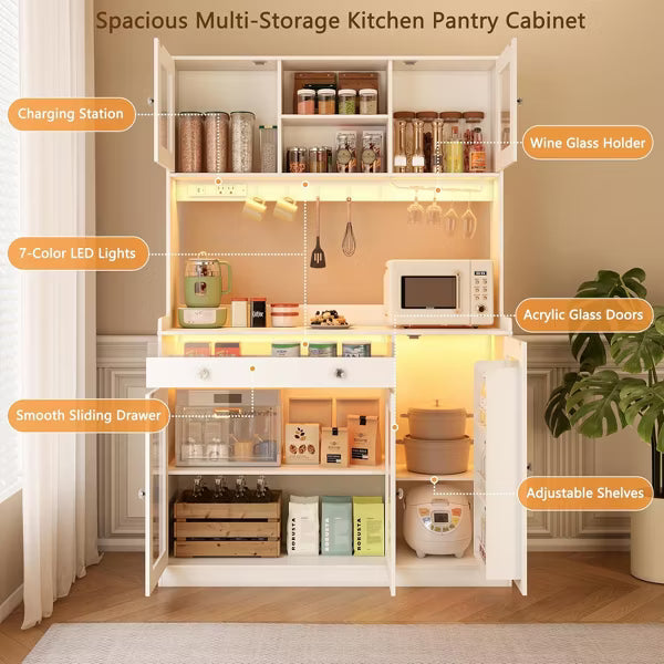 Qwatto 71" Kitchen Pantry Cabinet with Charging Station and LED Lights Tall Freestanding Kitchen Hutch with storage Rack Microwave Stand White Cabinet