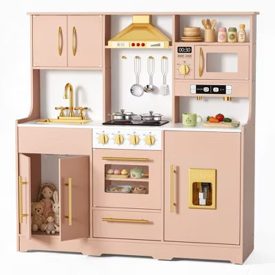 Kinder King Wooden Kids Play Kitchen, Toy Kitchen Playset for Toddlers, Realistic Kitchen Set with Sounds, Gift for Boys and Girls Age 3+, Bush Pink