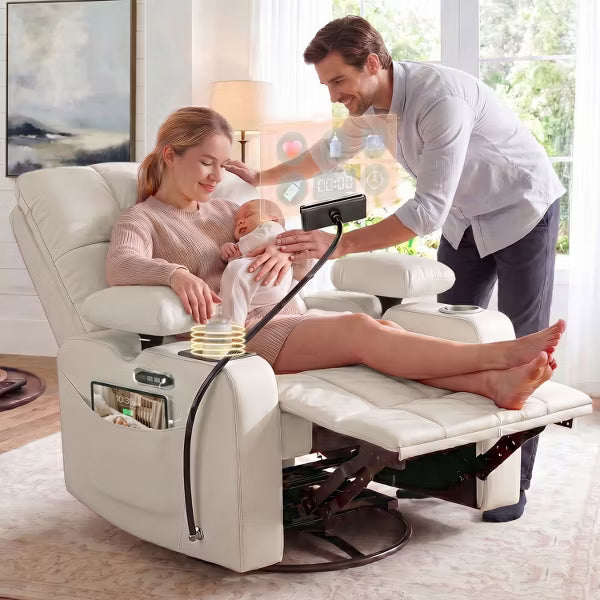 TYBOATLE Smart Power Nursery Glider Recliner with Lumbar Support, Swivel Rocker, Bottle Warmer & Tablet Holder - Cream White