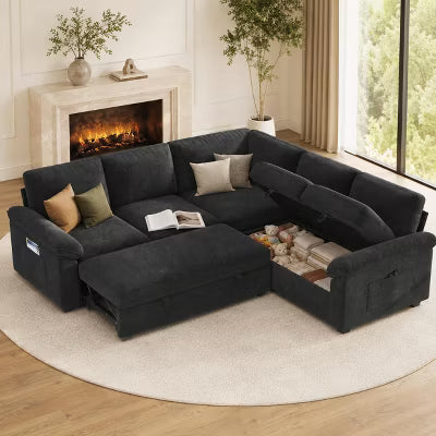 AMERLIFE 81" 5-Seat L-Shaped Sectional Sleeper Sofa with Pull-Out Bed and Storage, Black
