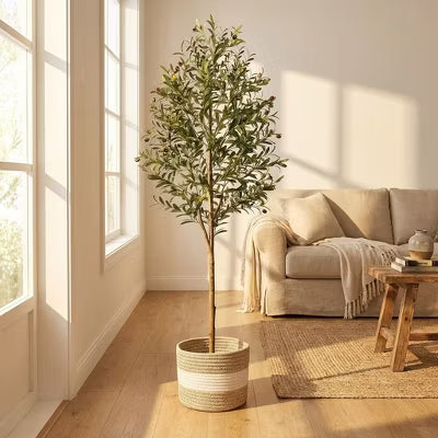 6FT Artificial Olive Tree Indoor Tall Faux with Planter&Basket Fake Olive Trees Realistic Olive Plants with Branches and Fruits for Home Decor