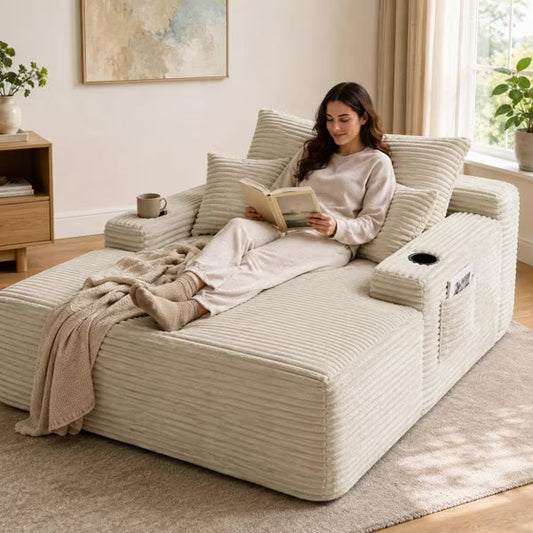 47" Corduroy Convertible Chaise Lounge Chair with Cup Holder, Plush Sleeper Sofa Bed with Pillows, No Assembly Required for Living Room Bedroom Dorm