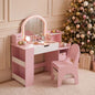 Kinder King Kids Vanity Table and Chair Set with LED Lighted Mirror, Pink Makeup Desk with Drawer and Shelves
