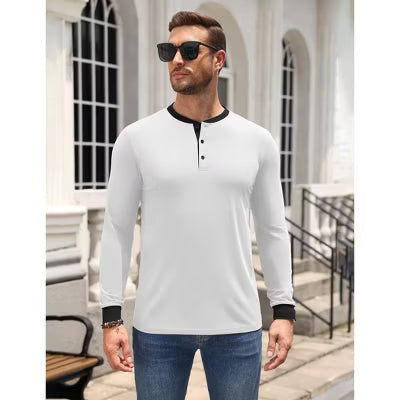 COOFANDY Men's Contrast Collar & Cuff Long Sleeve Cotton Henley Shirt Black S