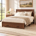 AMERLIFE Full Solid Pine Wood Platform Bed with 2 Storage Drawers and Headboard, Walnut