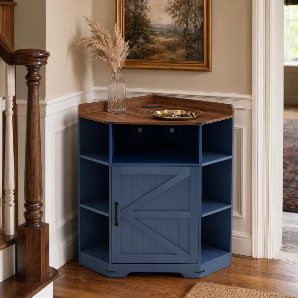 Corner Charging Station Bookshelf, 6-Cubby Wood Storage Shelf with USB Outlets, 3-Tier Space-Saving Organizer for Study Living Room