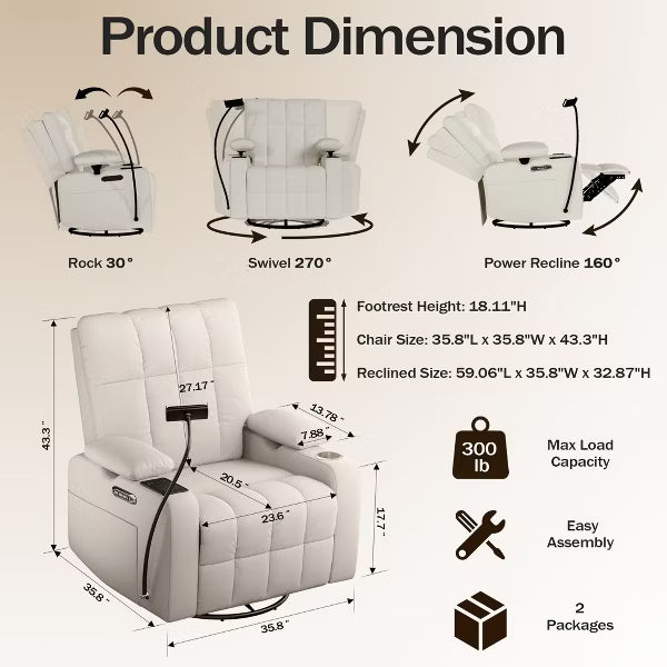 TYBOATLE Smart Power Nursery Glider Recliner with Lumbar Support, Swivel Rocker, Bottle Warmer & Tablet Holder - Cream White
