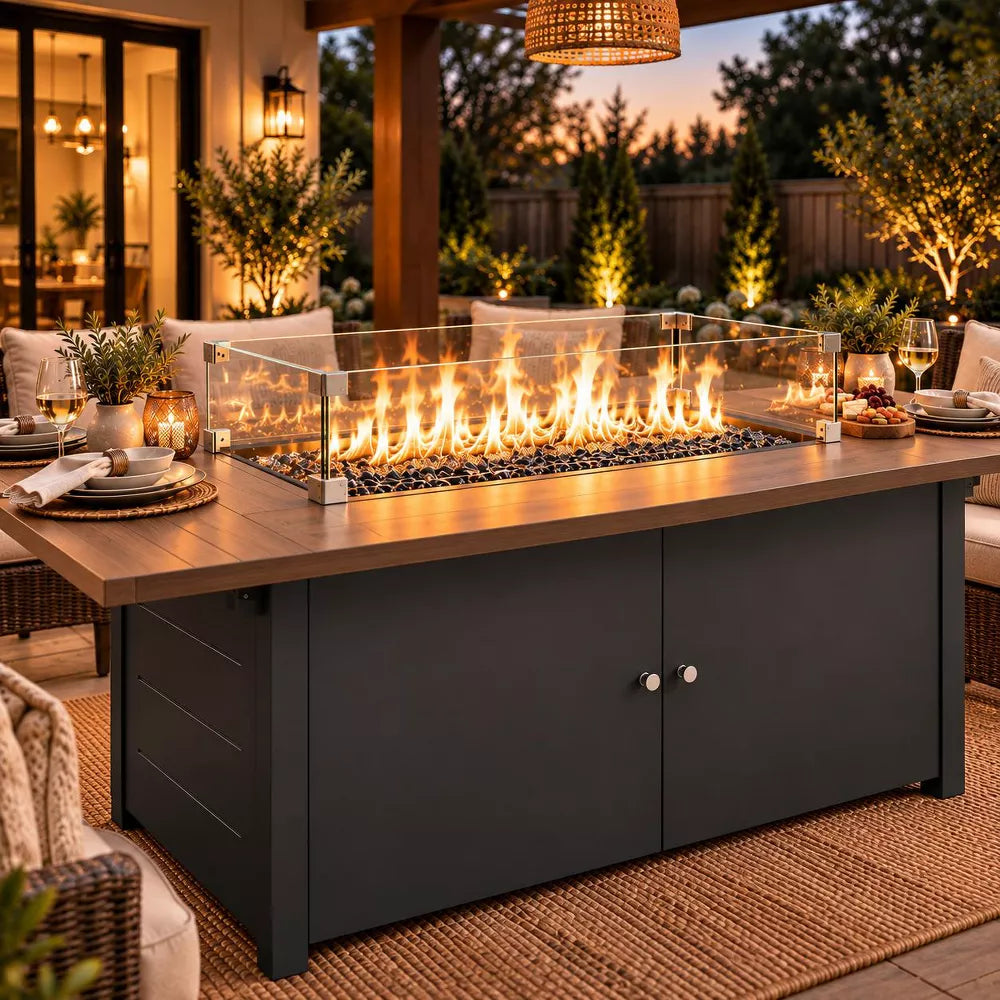 LAUSAINT HOME 43 Inch Outdoor Fire Pit Table, 55,000 BTU Gas Fire Pit with Lid with Glass Wind Guard for Outside Patio