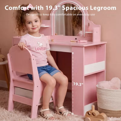 Kinder King Kids Vanity Set with LED Lighted Mirror, Pink Makeup Table and Chair with Cabinet, Shelves and Organizer