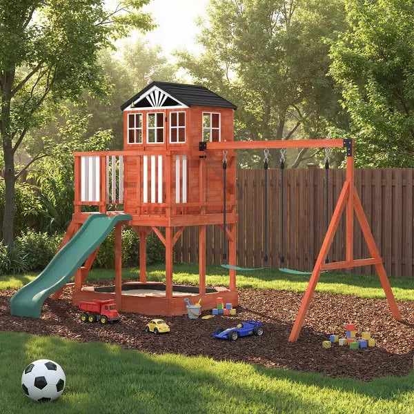 EROMMY Kids Outdoor Wooden Swing Set, Backyard Play Set with Elevated Playhouse, Wave Slide, Belt Swings and Sandbox