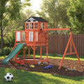 EROMMY Kids Outdoor Wooden Swing Set, Backyard Play Set with Elevated Playhouse, Wave Slide, Belt Swings and Sandbox