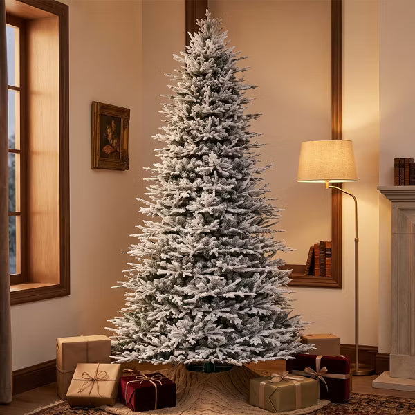 VIVATREES 9ft Prelit Snow-Flocked Christmas Tree Artificial with Warm White LEDs Lights Metal Stand Hinged Branches Realistic Holiday Pine