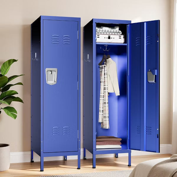 VIYET 55" Blue Metal Wardrobe Cabinet, Slim Steel Clothing Storage Locker with Lock, Ventilated Door, Side Hooks & Anti-Tip Design