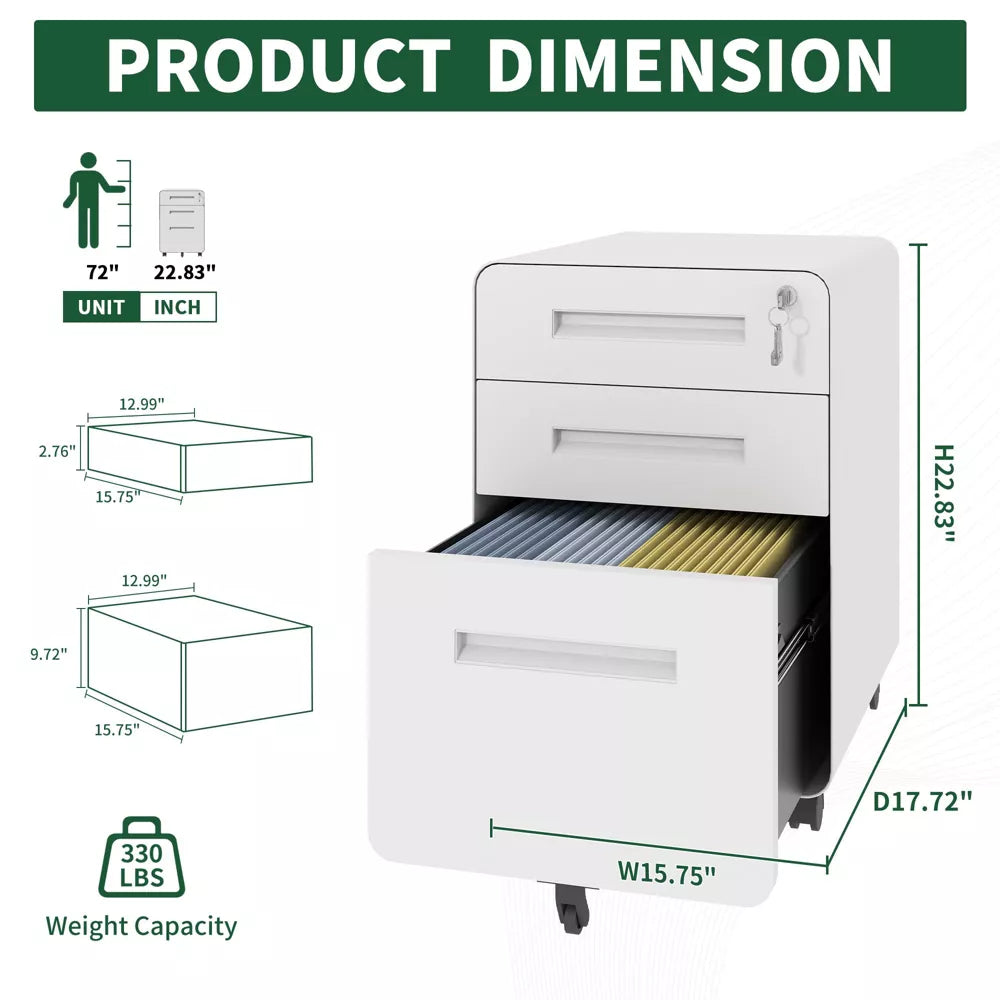 VIYET 3 Drawer Mobile File Cabinet with Lock, Fully Assembled Steel Filing Cabinet on Wheels, Holds A4 & Letter Files