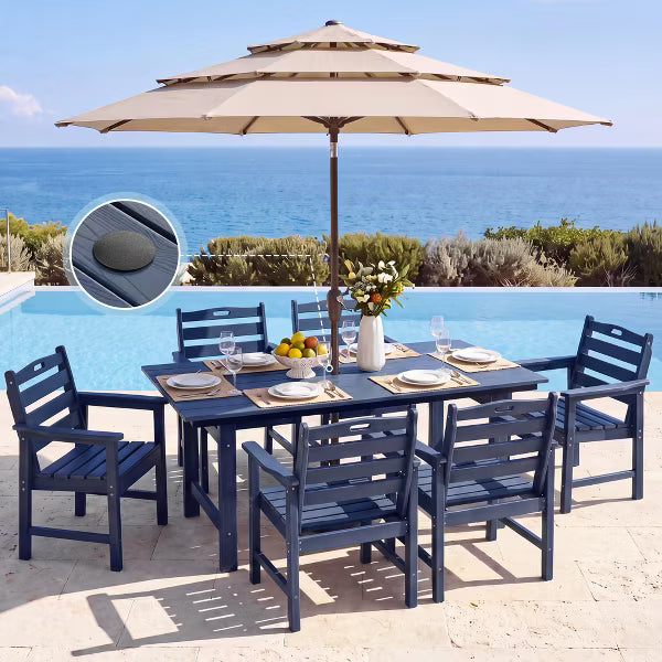 Garvee Outdoor Patio Rectangular Dining Table, 4-6 People Weatherproof Patio Table with Umbrella Hole, Rounded Corners for Safety, Blue