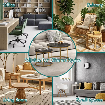 27.6in Nesting Coffee Table Set of 2, Round Coffee Table Wood Top with Sturdy Metal Frame, End Table Side Tables for Living Room Bedroom Balcony Yard