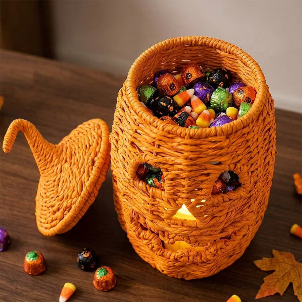 2-Pc Premium Handwoven Halloween Pumpkin Lantern Set, Rustic Black Wicker Jack-O'-Lanterns with LED Candles for Indoor Farmhouse Decor