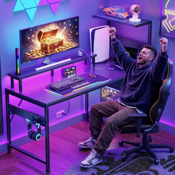 Qwatto 54" Reversible Gaming Desk with Power Outlets and LED Lights Monitor Stand CPU Shelf Side Hooks Home Office PC Workstation Carbon Fiber Black