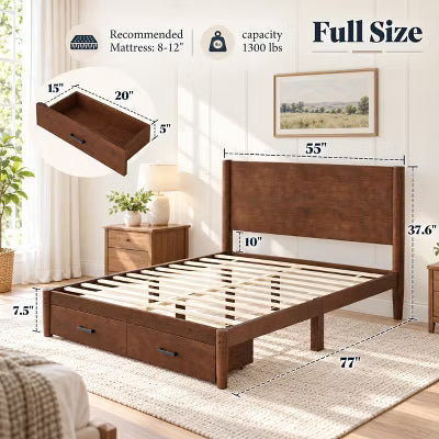 AMERLIFE Full Solid Pine Wood Platform Bed with 2 Storage Drawers and Headboard, Walnut
