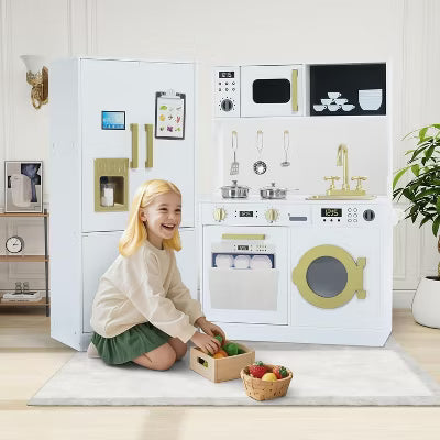 Kinder King Wooden Play Kitchen Set for Kids with Sink, Freezer, Ice Maker, Washing Machine & Accessories Large Storage & Realistic Features,White