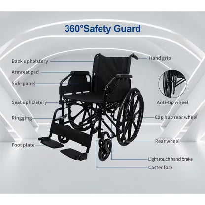 Black Lightweight Foldable Transport Wheelchair for Seniors, 16 Inch Portable Seat with Removable Armrests, Swing-Away Footrests & Locking Handbrakes